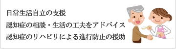 日常生活自立の支援、人師匠の相談・生活の工夫をアドバイス、認知症のリハビリによる進行防止の援助